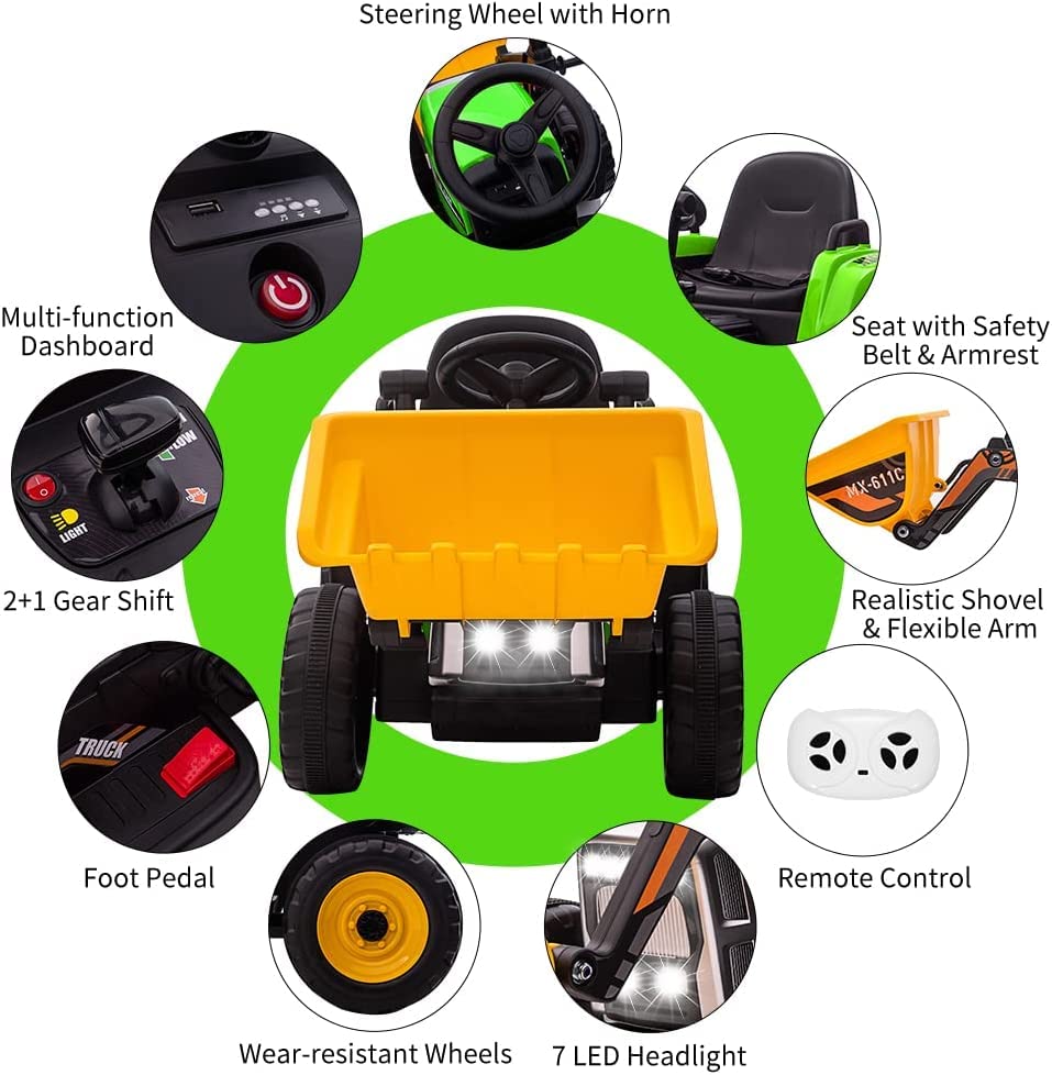 Garvee 12V Kids Ride on Excavator Car + Remote Control + 2+1 Gear Shift + EVA Tires + Music + Bluetooth + ASTM Certified + Indoor/Outdoor Play