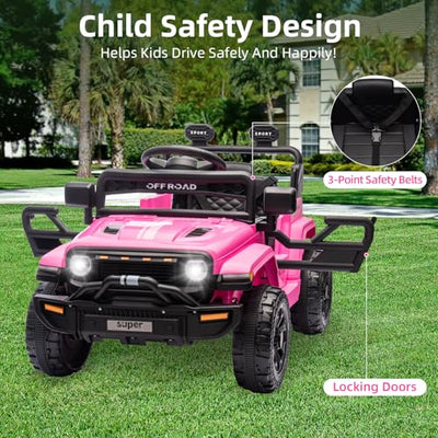 Garvee Ride - P Series: 12V Ride On Toy w/Parent Remote Control, Steering Wheel Music, 4-Wheel Spring Suspension, Led Lights, 2 Speeds, Kids Electric Vehicles for Age 3-5, Pink