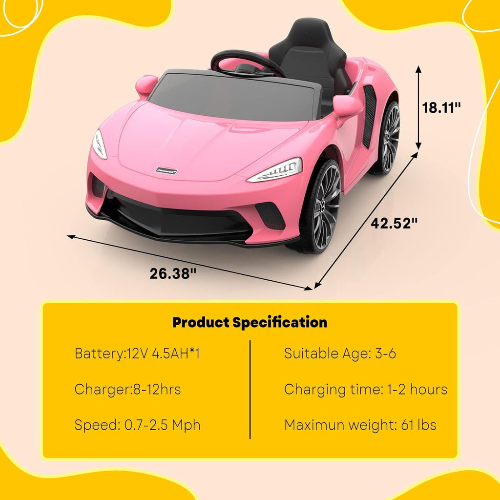 Garvee Ride - P Series: 12V Kids Ride on Car, Licensed Mclaren Battery Powered Electric Car with Remote Control, 3 Speeds, Bluetooth Music, Horn, LED Lights, 4-Wheel Ride on Toys - Pink