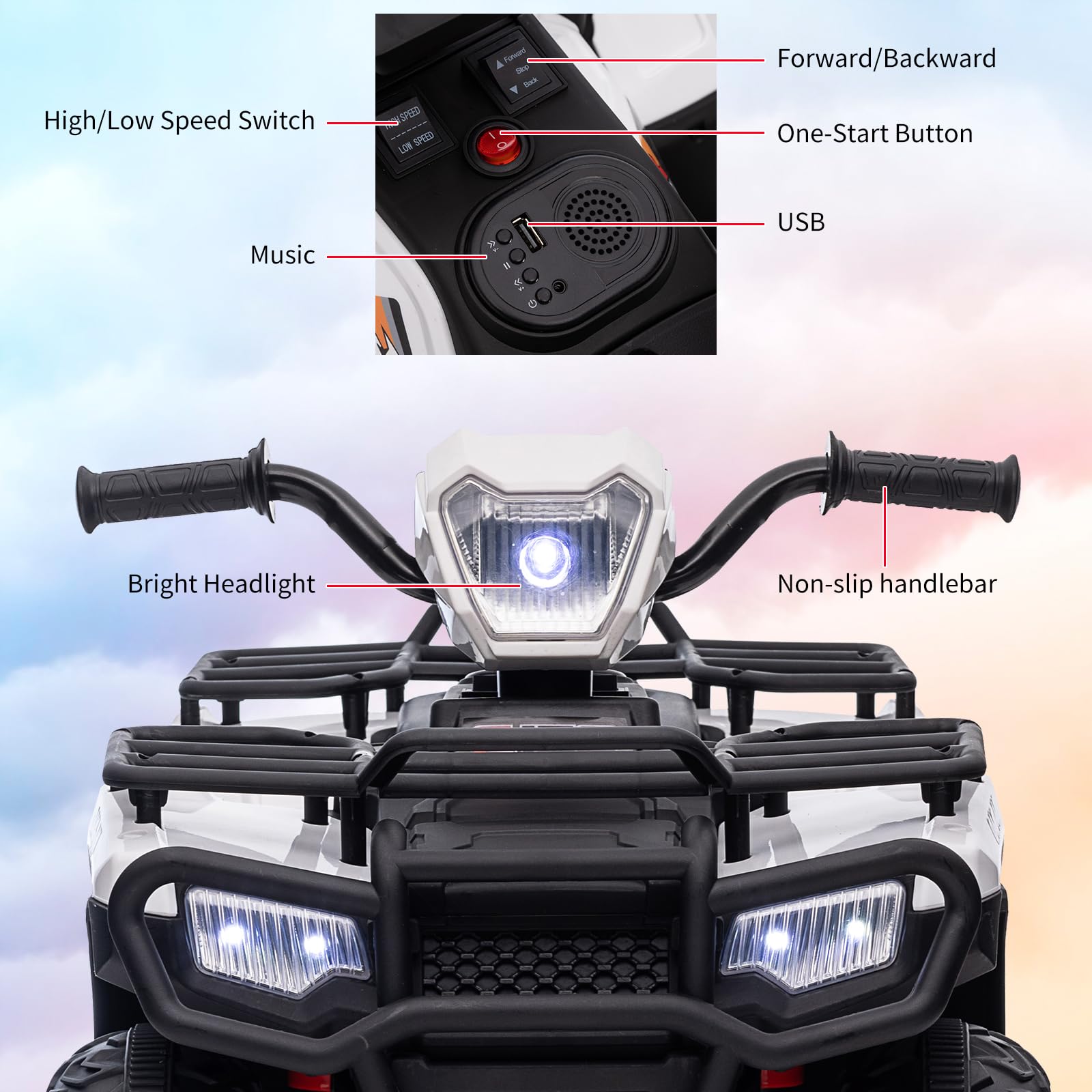 Garvee Ride - P Series: 12V Ride on Quad ATV for Kids, Electric Vehicle for Toddlers, High/Low 2.2mph Safety Speed for Child, Forward/Backward,LED Light, Music,USB for Boys Girls Gift-White