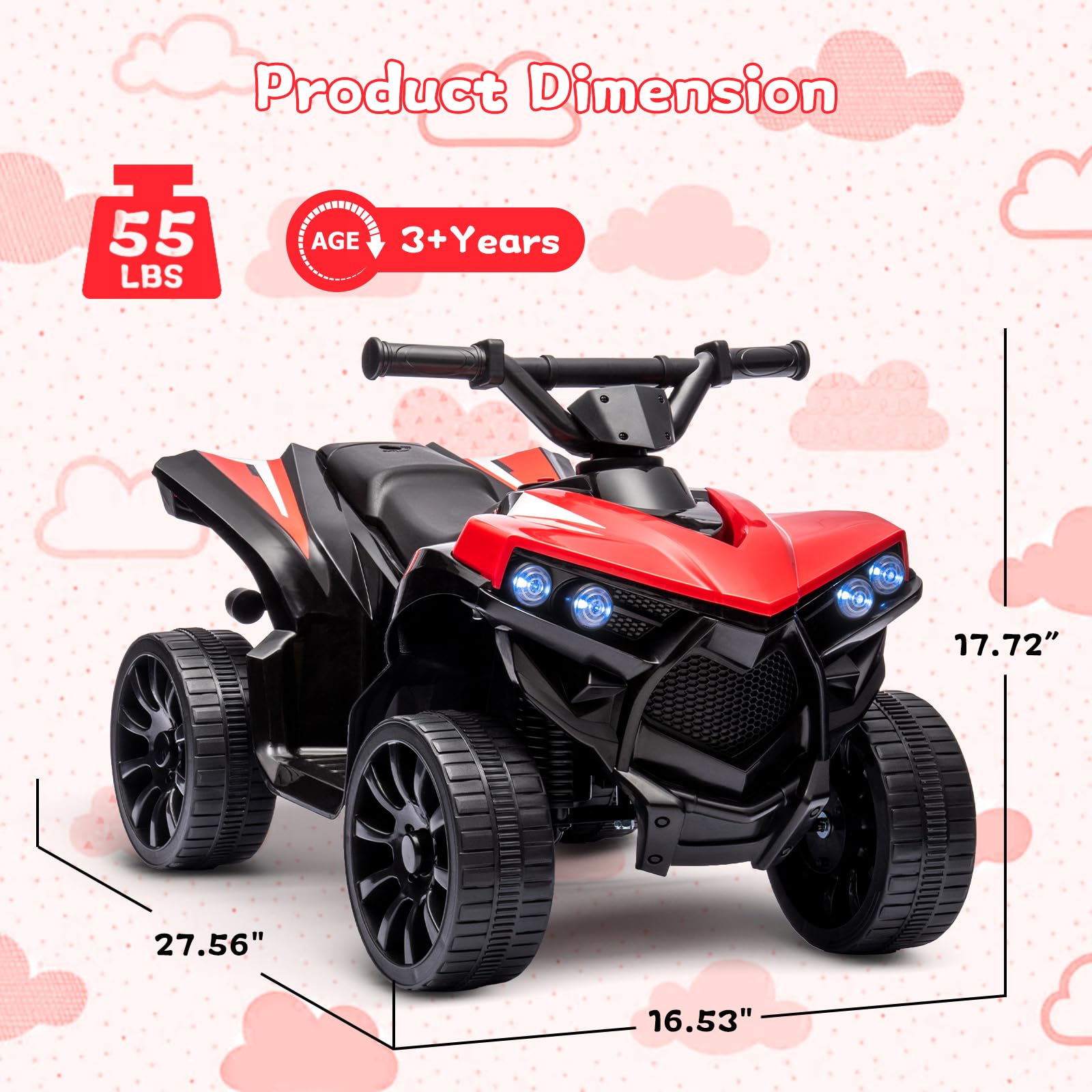 Garvee Ride - P Series: 6V Quad ATV for Kids Toddler 3+ years, Max 55lb Capacity ，With LED, Music, Foot Pedal, Wear-Resistant Wheels, 1.9 MPH - Red