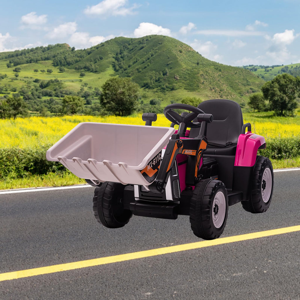 Garvee 12V Kids Ride on Car,Excavator with Bucket & Remote Control,Toddler Battery Powered Electric Vehicle,2+1 Gear Shift,3 Speeds,Music,Bluetooth,7-LED Headlights,EVA Tire,Rose