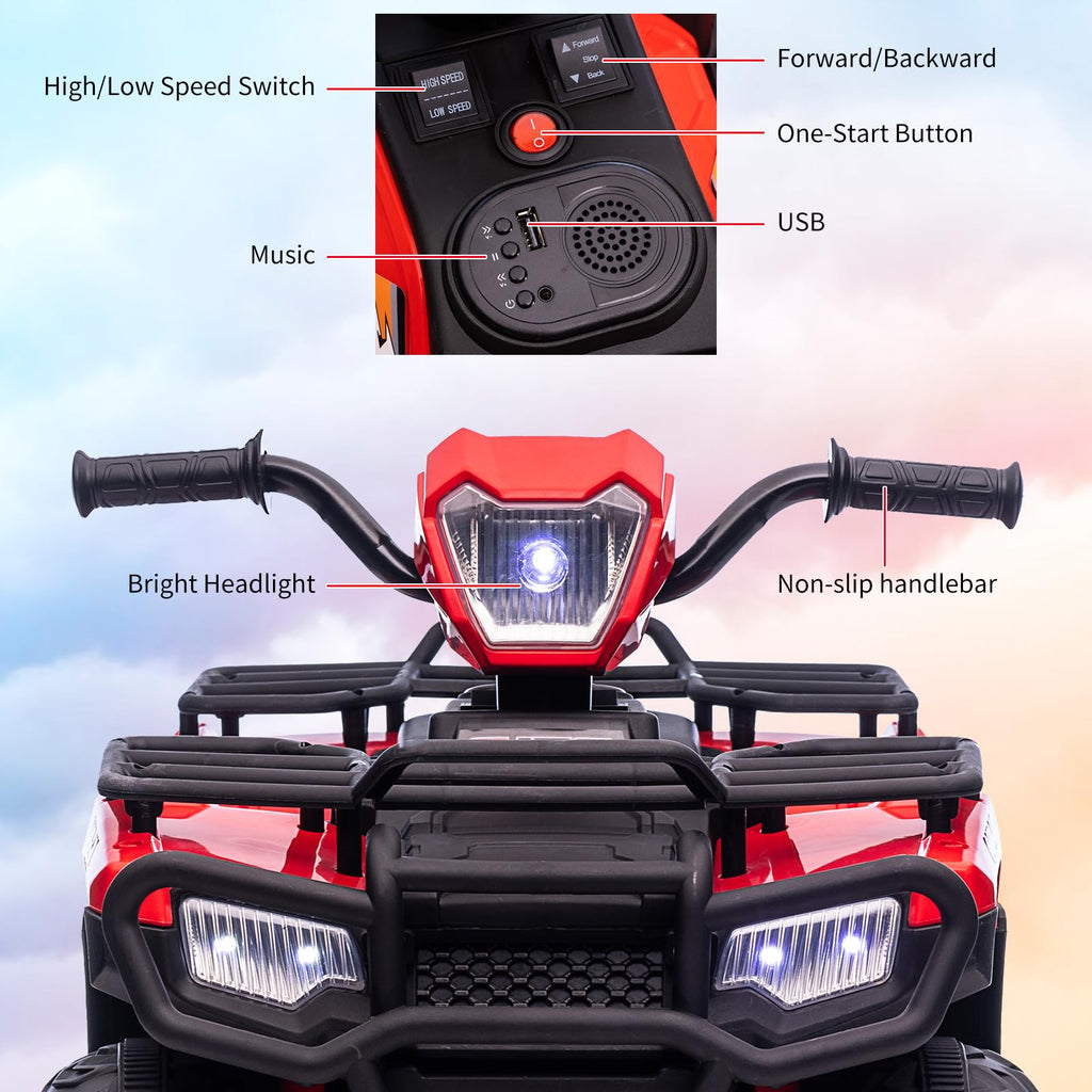 Garvee Ride - P Series: 12V Ride on Quad ATV for Kids, Electric Vehicle for Toddlers, High/Low 2.2mph Safety Speed for Child, Forward/Backward,LED Light, Music,USB for Boys Girls Gift- Red