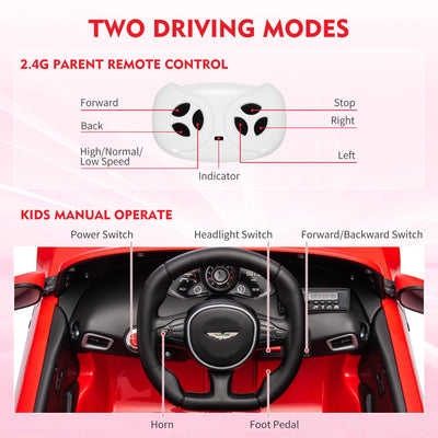 Garvee Ride - P Series: 12V Ride on Sports Car for Kids Licensed Aston Martin Battery Powered Car Toddles Ride on Toy with Remote Control, Horn, Soft Start, LED Lights, Music, USB, Electric Vehicle for Boys Girls (Red)