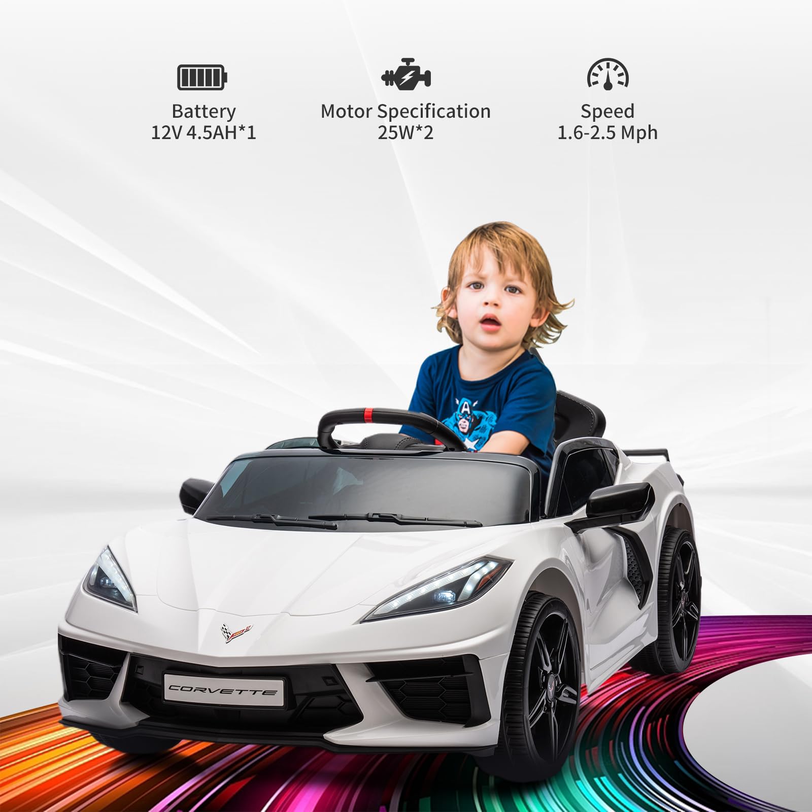 Garvee Ride - P Series: 12V Kids Ride on Car Licensed Corvette Battery Powered Car Toddles Electric Sports Car Toy with Remote Control, Visual Dashboard, LED Lights, Music, Gifts for Boys Girls, White