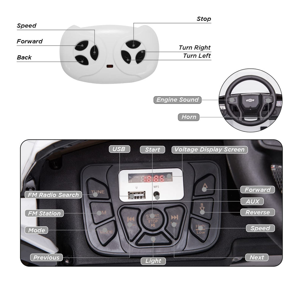 Garvee Ride - P Series: 12V Ride on Car with Remote Control, Battery Powered Licensed Chevrolet Silverado GMC Kids Ride On Truck, Toddler Electric Vehicles Toys,Music,FM,Bluetooth, Spring Suspension, LED Light - White
