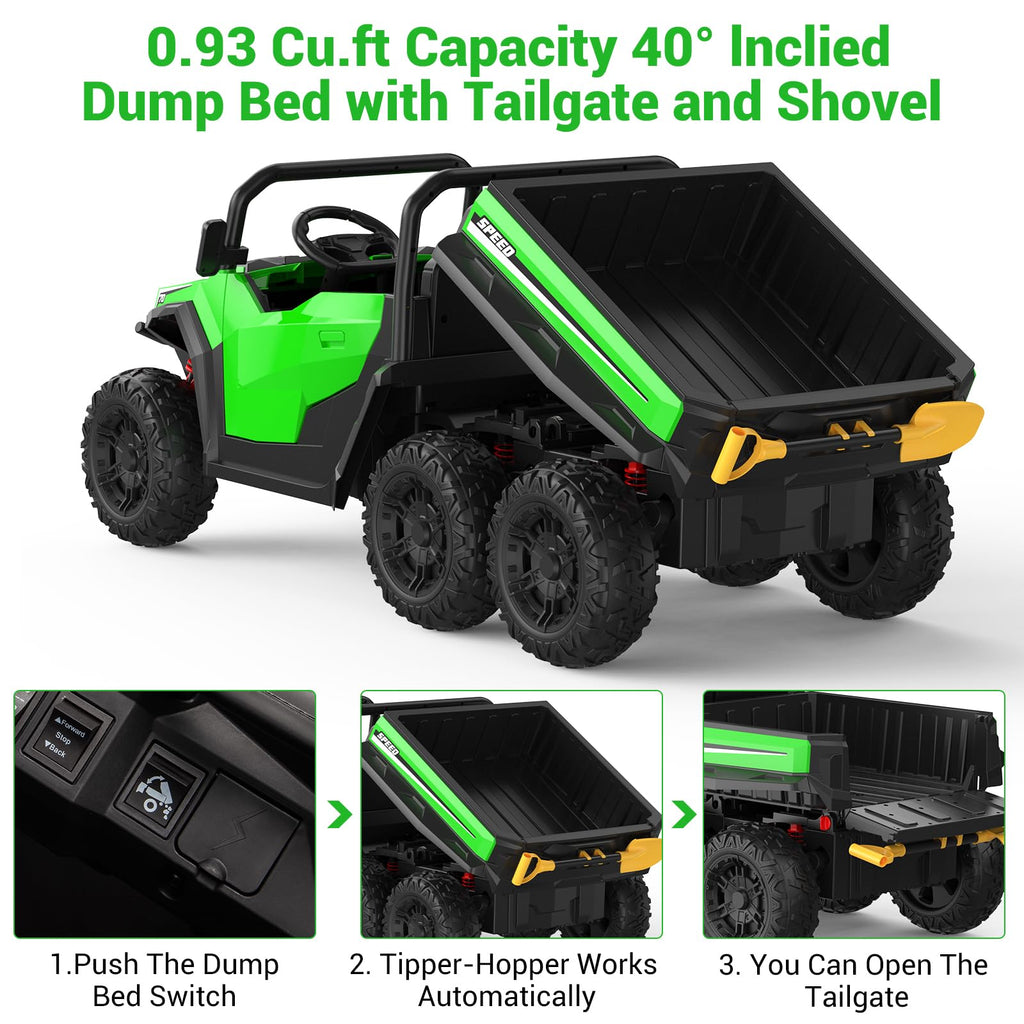 Garvee Ride - P Series: 24V 4WD Electric Ride On Dump Truck with Remote Control, 2-Seater, Music Player, LED Lights, Key Start Safety System, Durable Plastic, Off-Road Kids Toy for Ages 3+ - Green