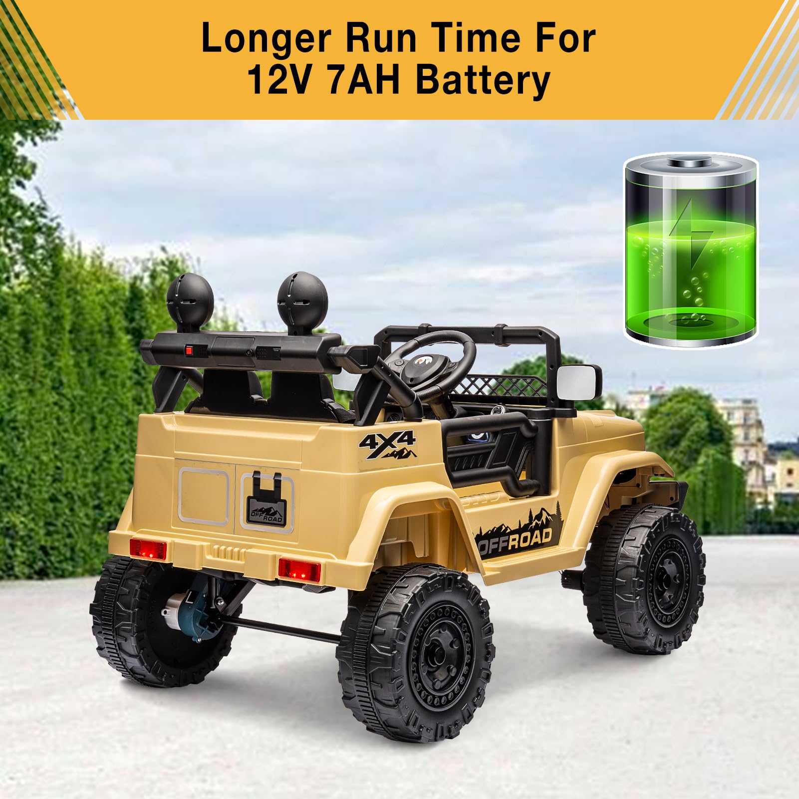 Garvee Ride - P Series: 12V Power Wheel Electric Car for Kids, Ride on Toys with Led Lights Bluetooth, 3 Speeds, Spring Suspension - Yellow