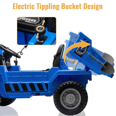 Garvee Ride - P Series: 12V Kids Ride on Dump Truck with Electric Bed, Remote Control, USB, MP3, Music, Battery Indicator, Blue
