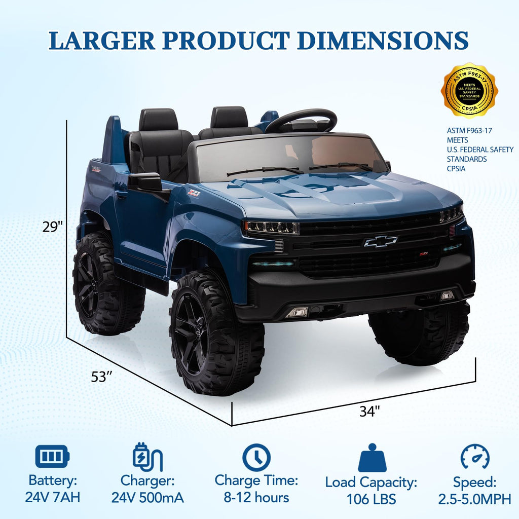 Garvee Ride - P Series: 24V 2-Seater Ride On Car For Kids For 3 - 8 years, Licensed Chevrolet Silverado - Blue