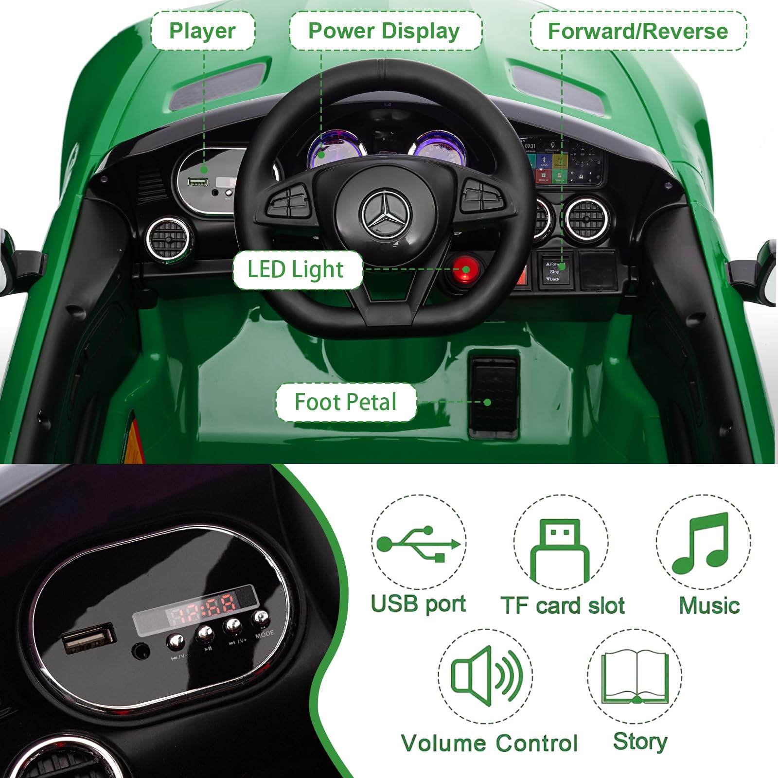 Garvee Ride Car for Kids, 12V Power Battery Electric Vehicles for 3-7 Toddlers, Licensed Mercedes-Benz with Remote Control, MP3 Player - Green
