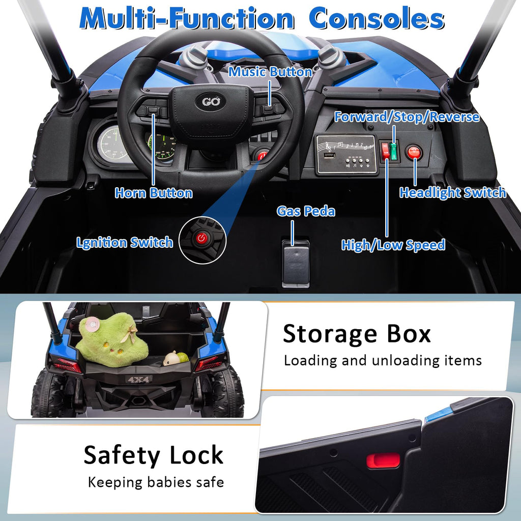 Garvee Ride - P Series: 24V Ride On Utv for Kids, 2 Seater Electric Truck With Sun Shade,4WD Electric Car Toy With Remote Control, Led Lights, 4 Shock Absorbersm,One Click Start, Music Player - Blue