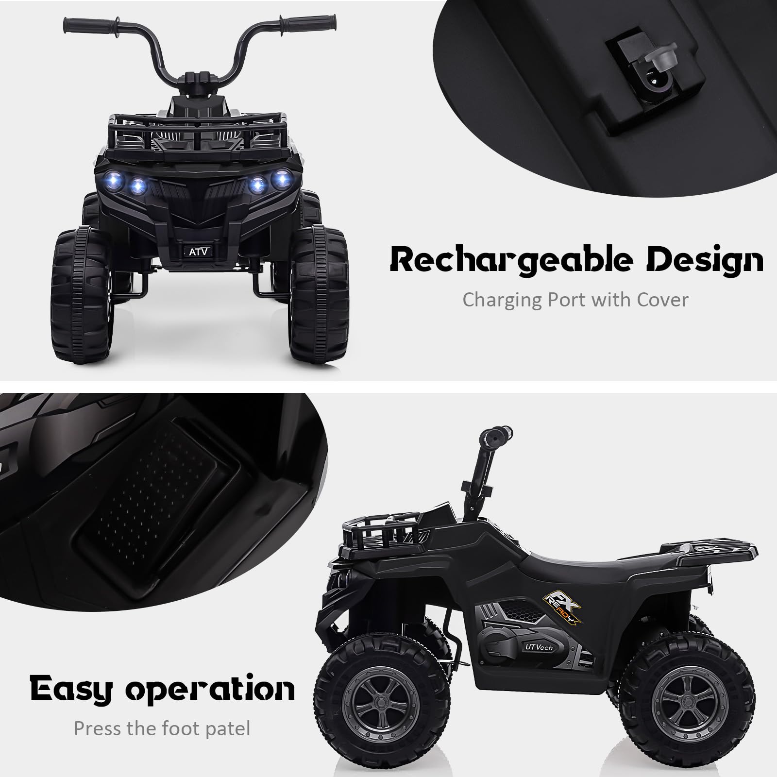 Garvee Ride - P Series: 12V Kids Ride On Electric Quad ATV, Ride Car Toy with Bluetooth Audio, High/Low Speed, LED Headlights, Battery Indicator & Radio Orange - Black