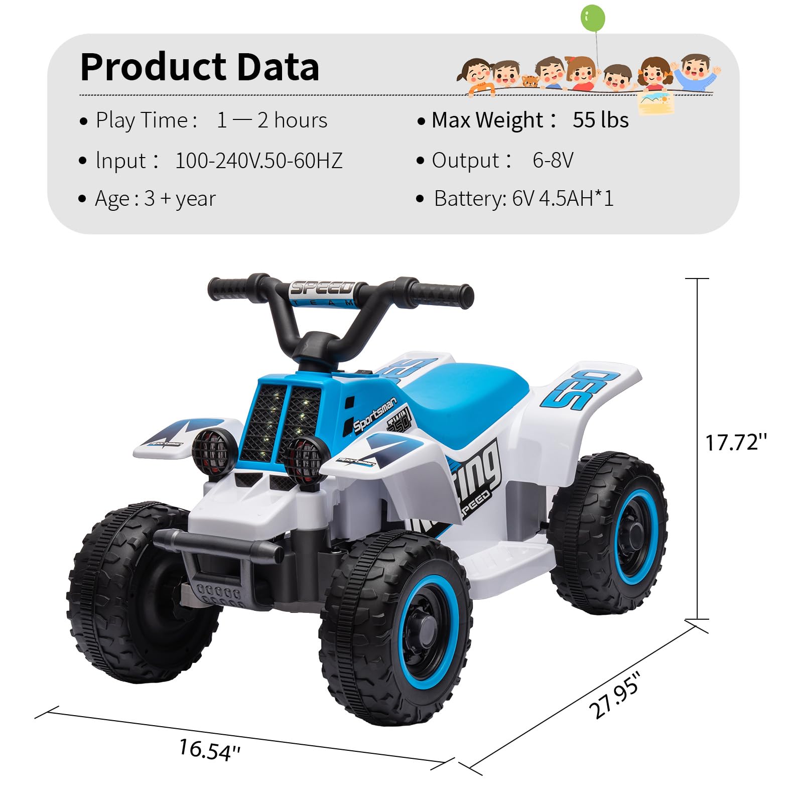 Garvee Ride - P Series: 6V Kids Ride On Electric Quad ATV, Ride Car with LED Headlights, Ride-On Toy for Toddlers 1-3 Boys & Girls with Music, Forward & Reverse - Blue and white