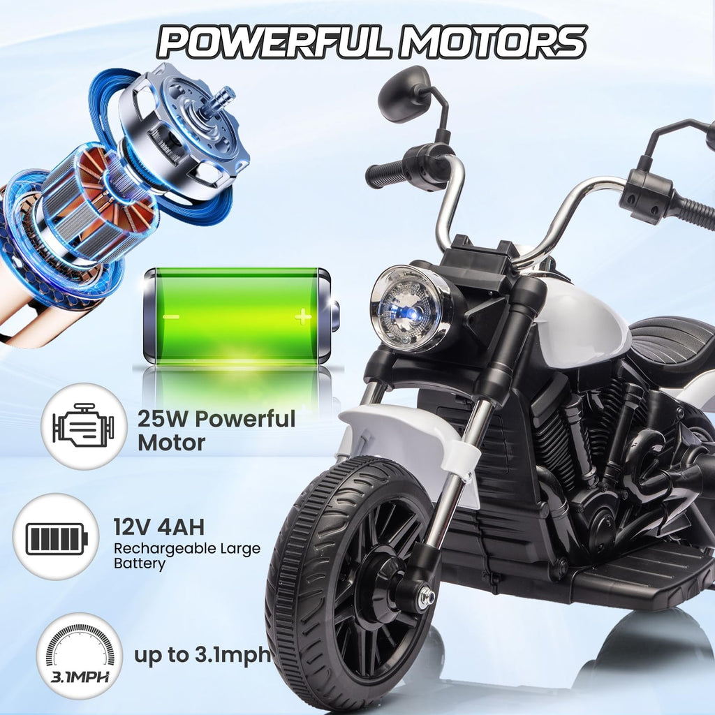 Garvee Ride - P Series: 12V Electric Motorcycle for Kids, 3-Wheel Ride-On Toy with Detachable Training Wheels, White, Toddler Outdoor Ride-On