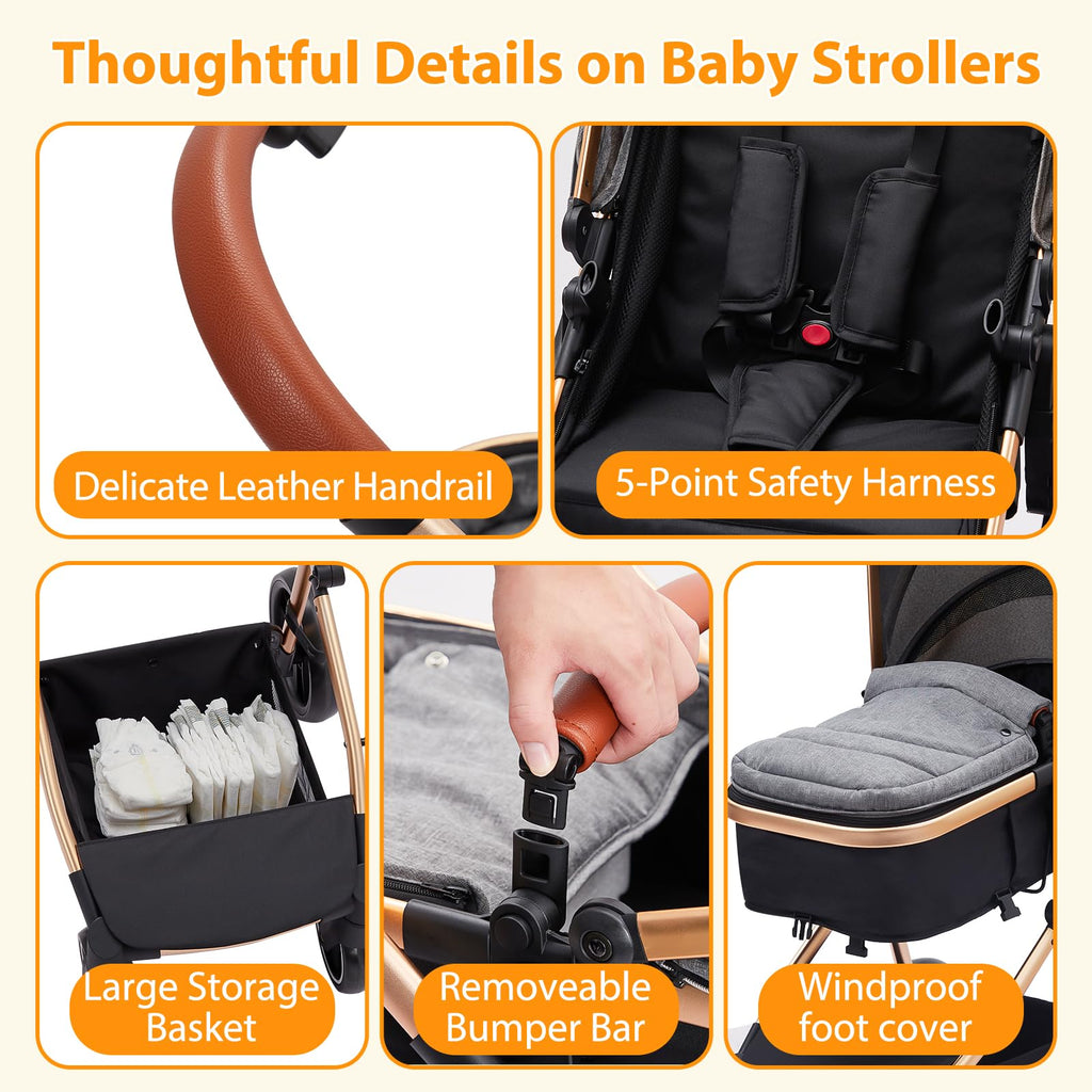 Garvee Baby Stroller for Toddler.Foldable Aluminum Alloy Pushchair with Adjustable Backrest.Bassinet Stroller Adjustable Direction & High Landscape Infant Stroller Gray