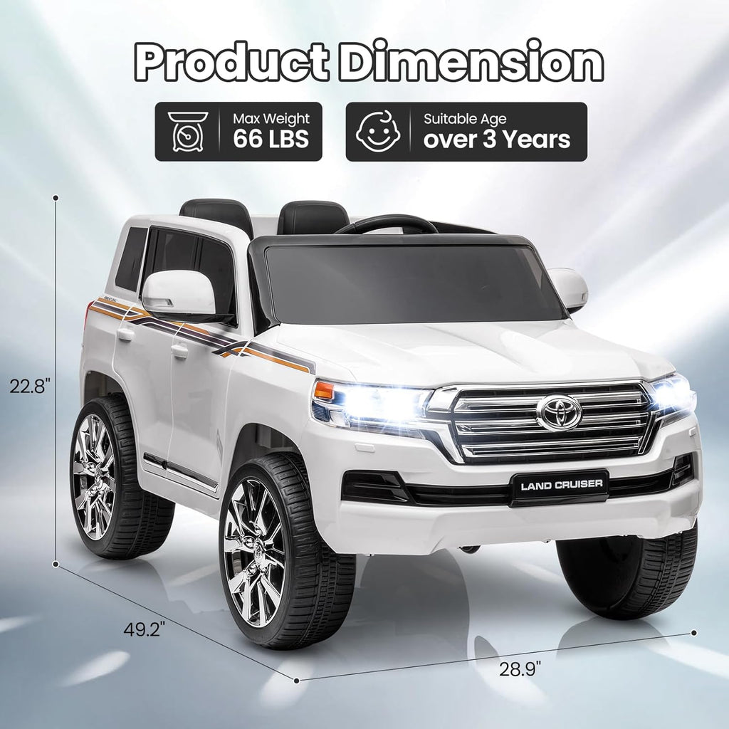 Garvee Ride - P Series: 12V Toyota Land Cruiser Kids' Car: Remote, LED, 3 Speeds, Dual 45W Motors, USB Music, Seat Belt, CPC & ASTM Approved - White