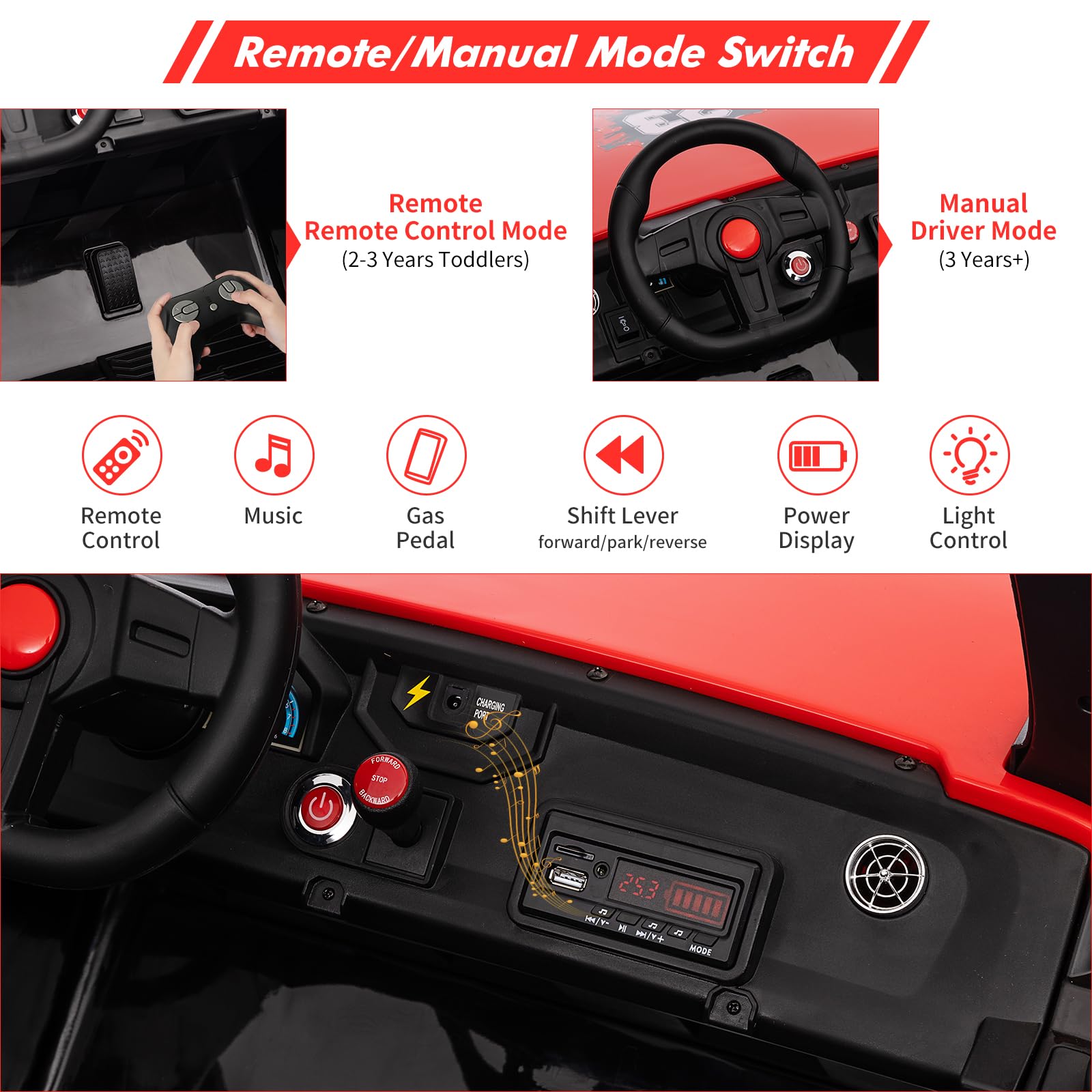 Garvee Ride - P Series: 24V 2-Seater Ride-On UTV: Remote Control, 4WD Motors, 21" Seats + Foldable Seat, 15.4" EVA Wheels, Music, LED Lights, 140lb Max Load - Red