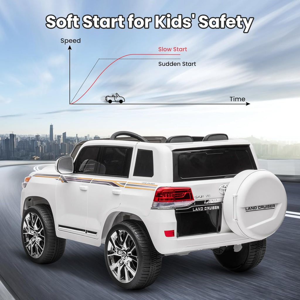 Garvee Ride - P Series: 12V Toyota Land Cruiser Kids' Car: Remote, LED, 3 Speeds, Dual 45W Motors, USB Music, Seat Belt, CPC & ASTM Approved - White