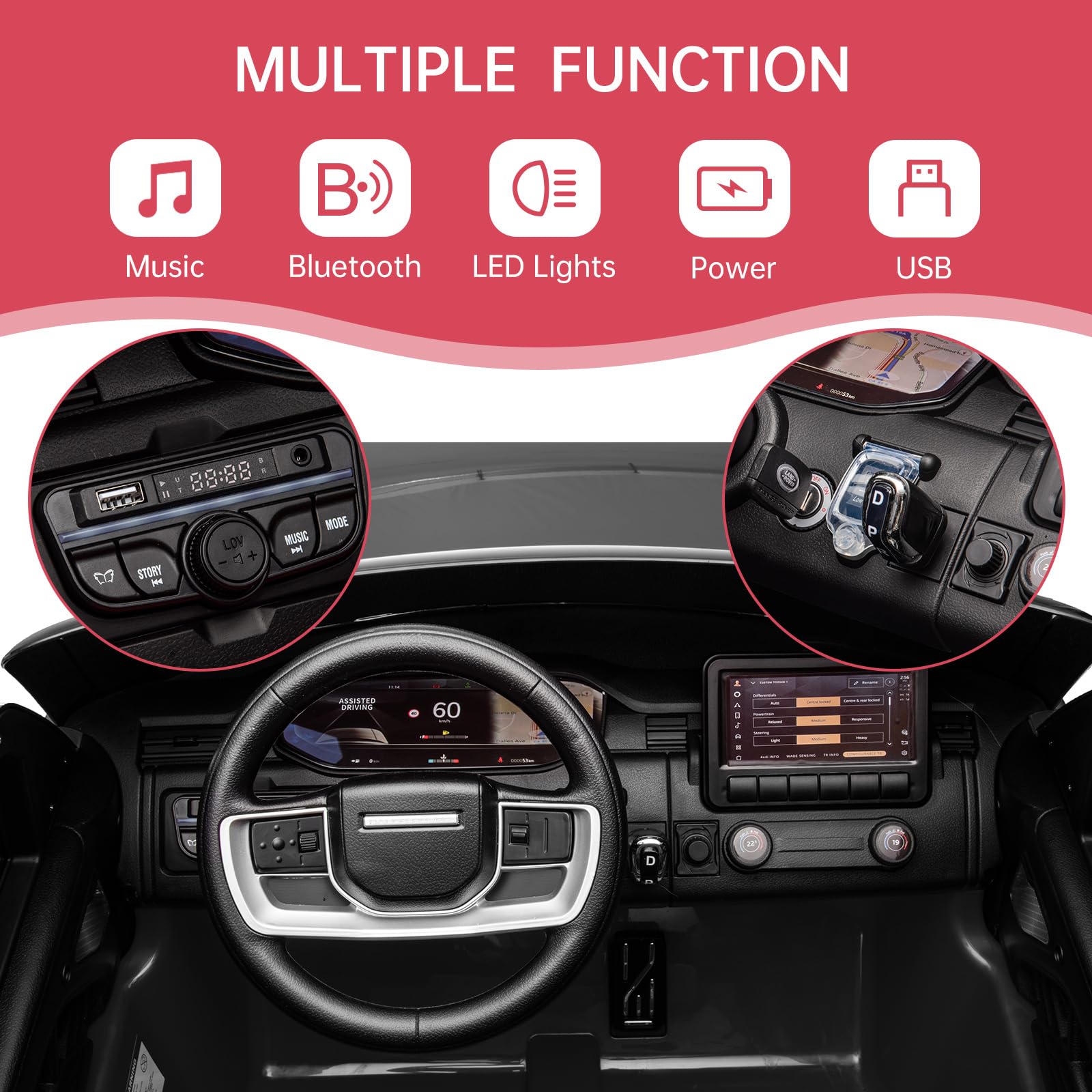 Garvee Ride - P Series: 24V 2-Seater Land Rover Ride-On Car For age 3+, With MP3, 3 Speeds, Remote Control, LED, 4-Wheel Suspension - Black