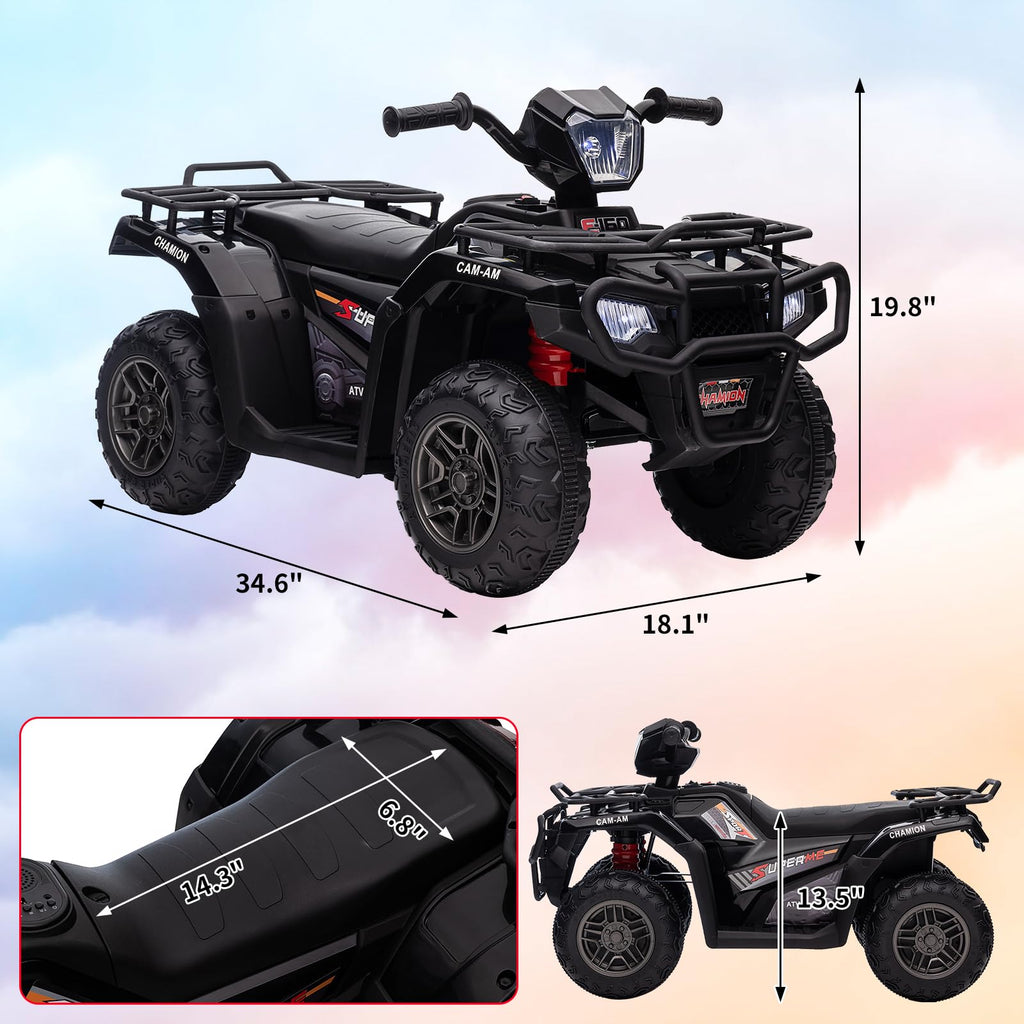 Garvee Ride - P Series: 12V Ride on Quad ATV for Kids, Electric Vehicle for Toddlers, High/Low 2.2mph Safety Speed for Child, Forward/Backward,LED Light, Music,USB for Boys Girls Gift- Balck