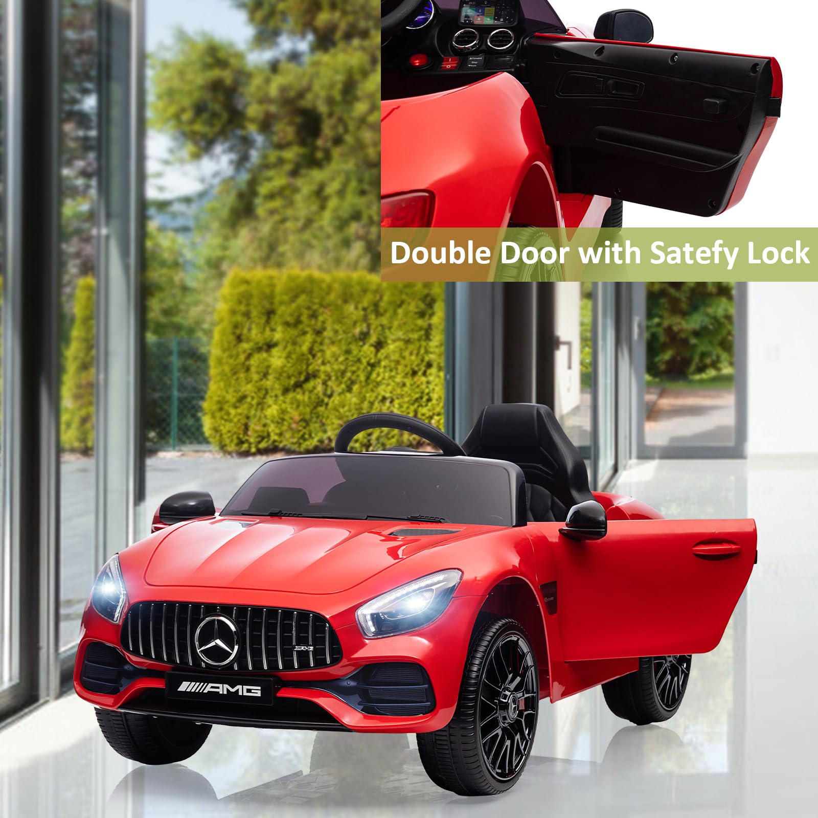 Garvee Ride Car for Kids, 12V Power Battery Electric Vehicles for 3-7 Toddlers, Licensed Mercedes-Benz with Remote Control, MP3 Player - Red