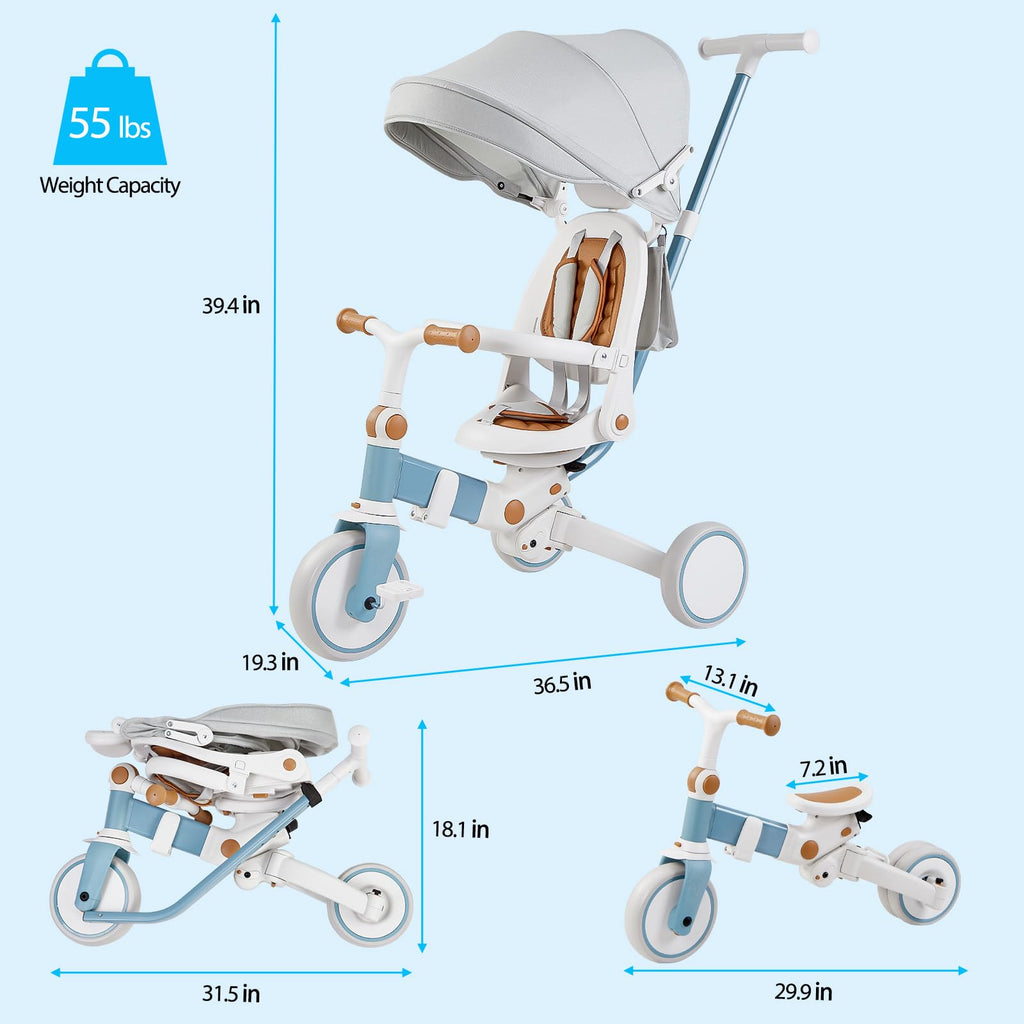 Garvee 7 in 1 Baby Tricycle, Foldable Toddler Tricycle with Removable and Adjustable Parent Handle, Toddler Push Bike with Removable Pedal, Canopy, and Guardrail, Tricycle for 12-72 Months（White）