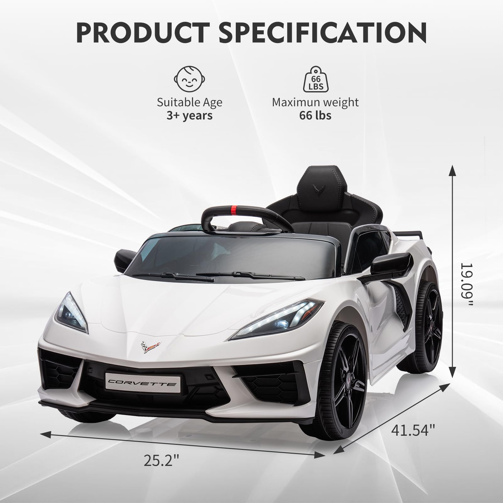 Garvee Ride - P Series: 12V Kids Ride on Car Licensed Corvette Battery Powered Car Toddles Electric Sports Car Toy with Remote Control, Visual Dashboard, LED Lights, Music, Gifts for Boys Girls, White