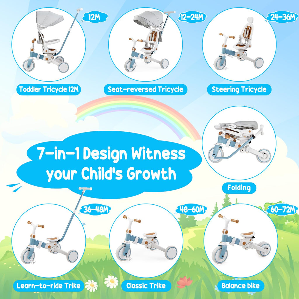Garvee 7 in 1 Baby Tricycle, Foldable Toddler Tricycle with Removable and Adjustable Parent Handle, Toddler Push Bike with Removable Pedal, Canopy, and Guardrail, Tricycle for 12-72 Months（White）