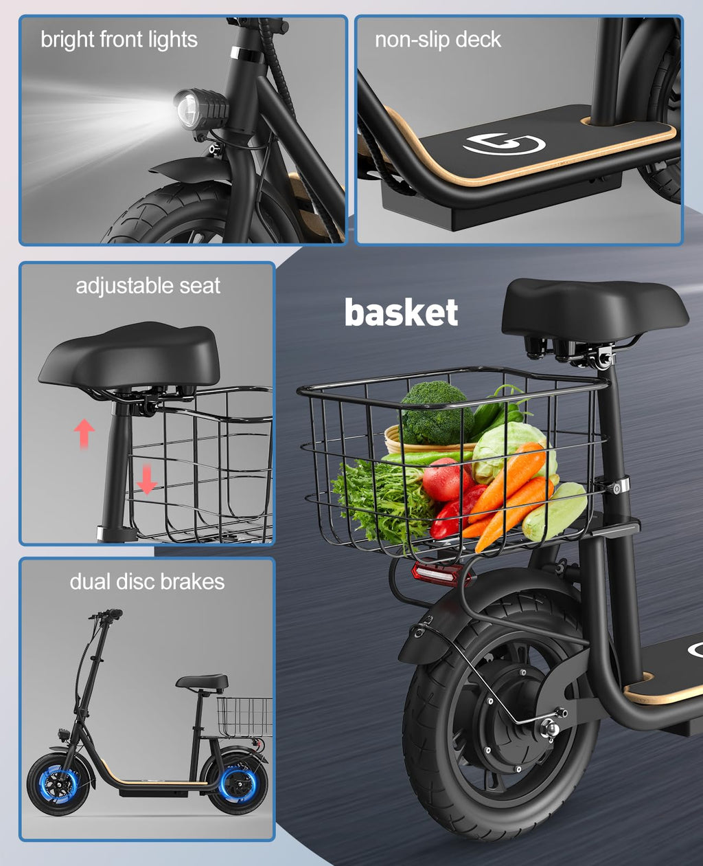 Garvee Electric Scooter with Seat, 36V Battery, 12" Tire, 450W Electric Scooter with Seat, Shock Absorbing Seat, Foldable Electric Scooters for Adults, Electric Scooter for Commuting with Basket