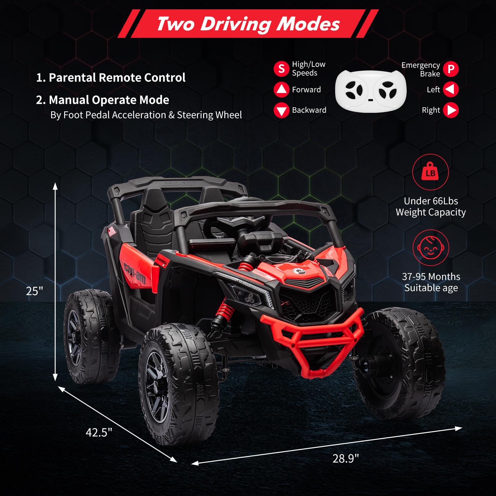 Garvee Ride - P Series: 12V Can-Am Ride-On UTV: Remote Control, Large Seat, Music, LED Lights, Spring Suspension, for Boys & Girls - Red