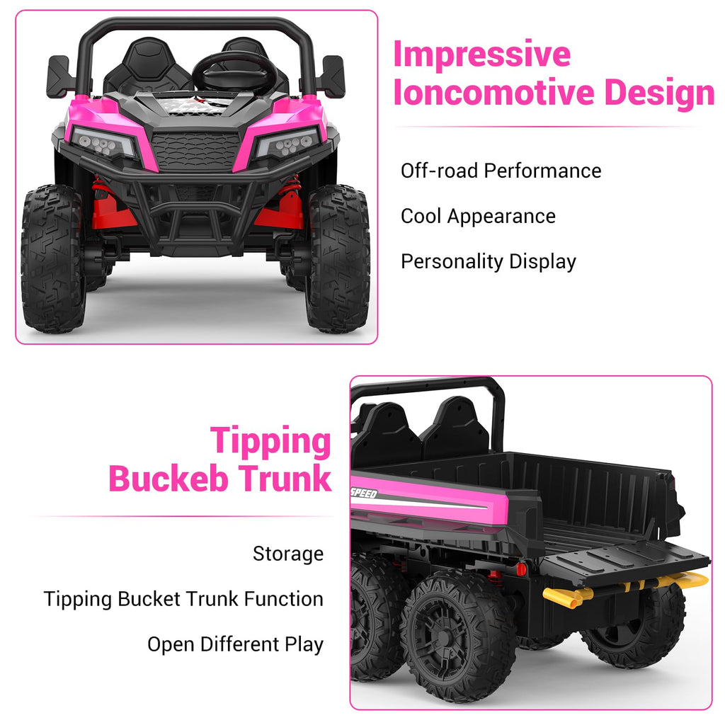 Garvee Ride - P Series: 24V 4WD Electric Ride On Dump Truck with Remote Control, 2-Seater, Music Player, LED Lights, Key Start Safety System, Durable Plastic, Off-Road Kids Toy for Ages 3+ - Pink