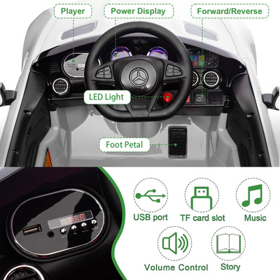 Garvee Ride Car for Kids, 12V Power Battery Electric Vehicles for 3-7 Toddlers, Licensed Mercedes-Benz with Remote Control, MP3 Player - White