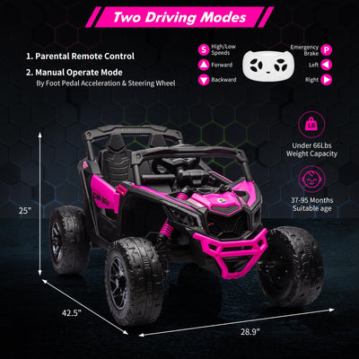 Garvee Ride - P Series: 12V Can-Am Ride-On UTV: Remote Control, Large Seat, Music, LED Lights, Spring Suspension, for Boys & Girls - Rose
