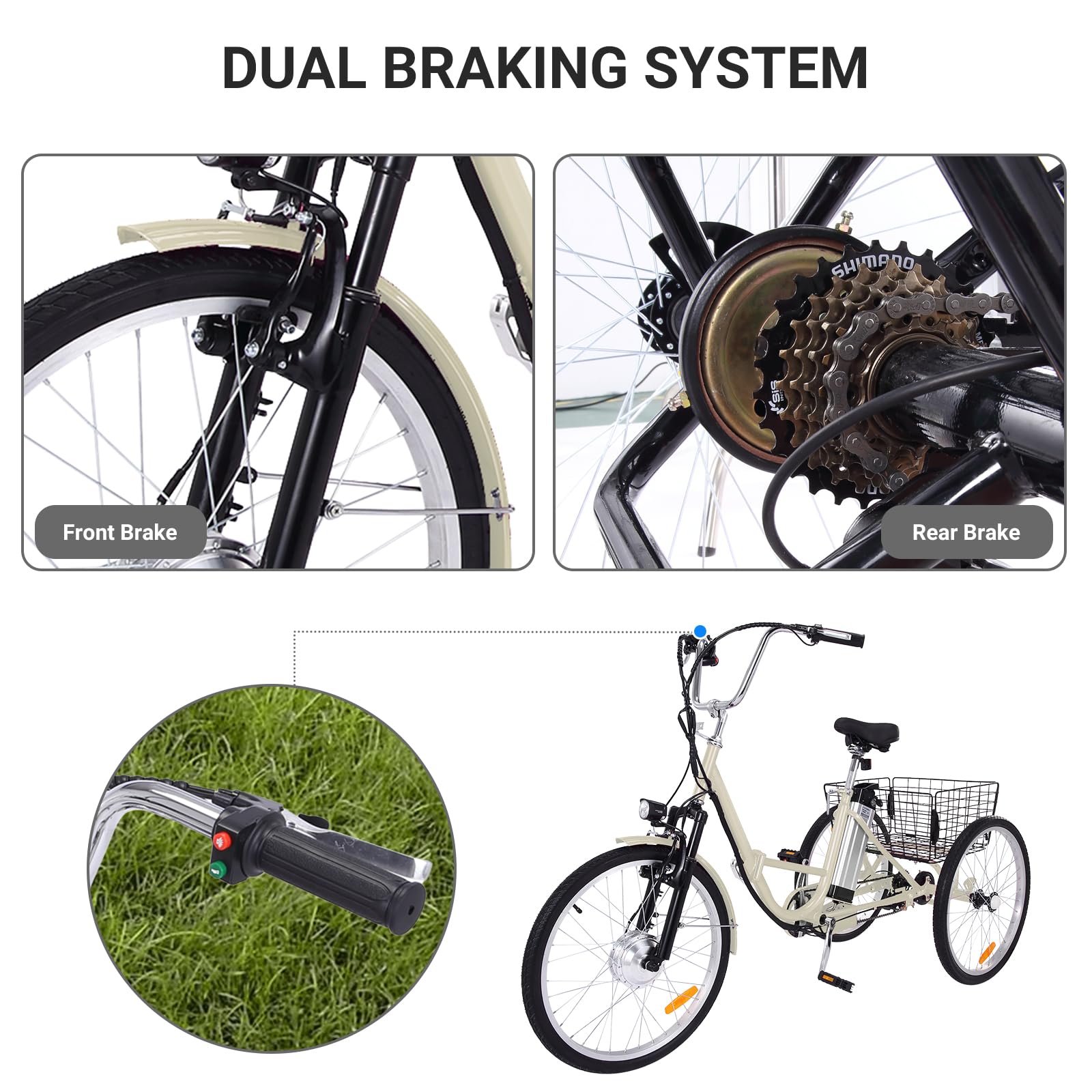 Garvee 24 Inch Adult 3 Wheel Electric Tricycle with Basket, Fat Tires,7 Speeds,350W Powerful Motor, 36V 10Ah Removable Battery - Beige