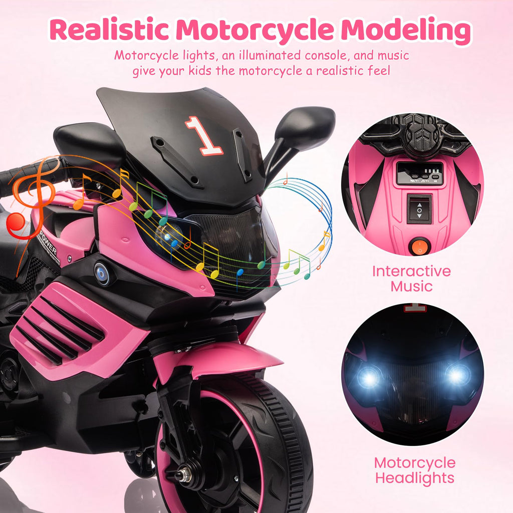 Garvee Kids 6V Ride On Motorcycle Pink With Training Wheels For Toddlers 3-6 Years, Stable Electric Toy Bike