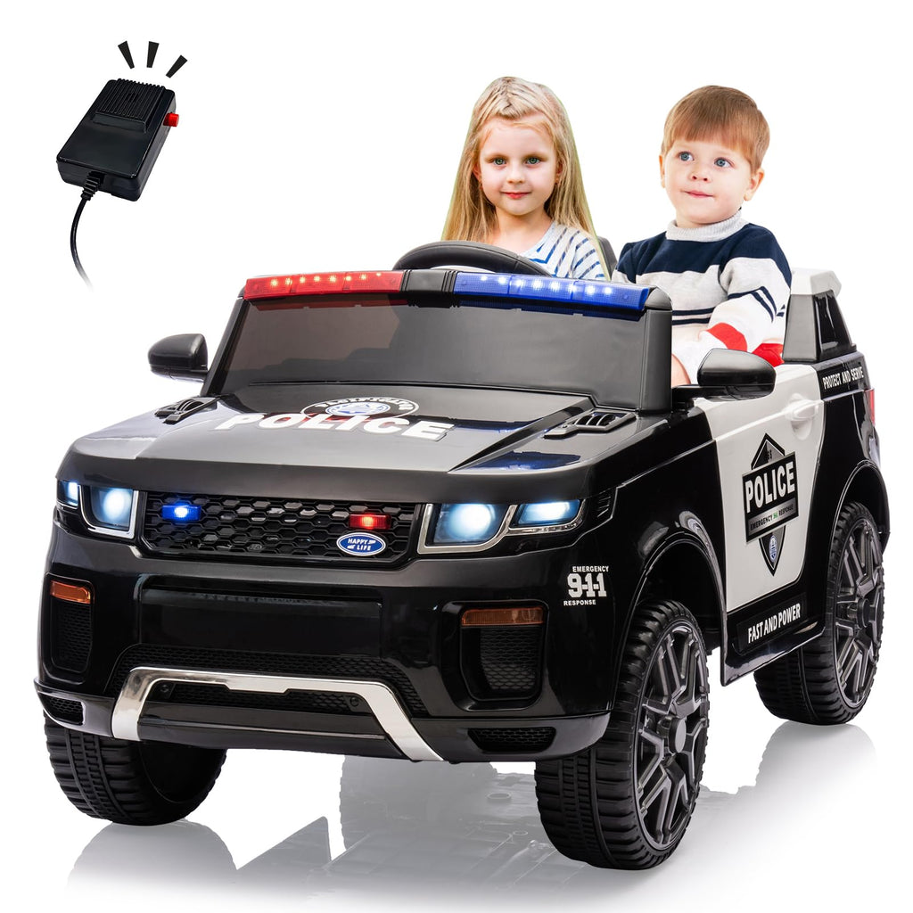 Garvee Ride - P Series: 12V Kids Ride On Police Car Suv Battery Operated Ride On Toy Toddlers Electric Cars With 2.4G Remote Control, LED Flashing Light, Megaphone, Spring Suspension, Handle, Music, Black