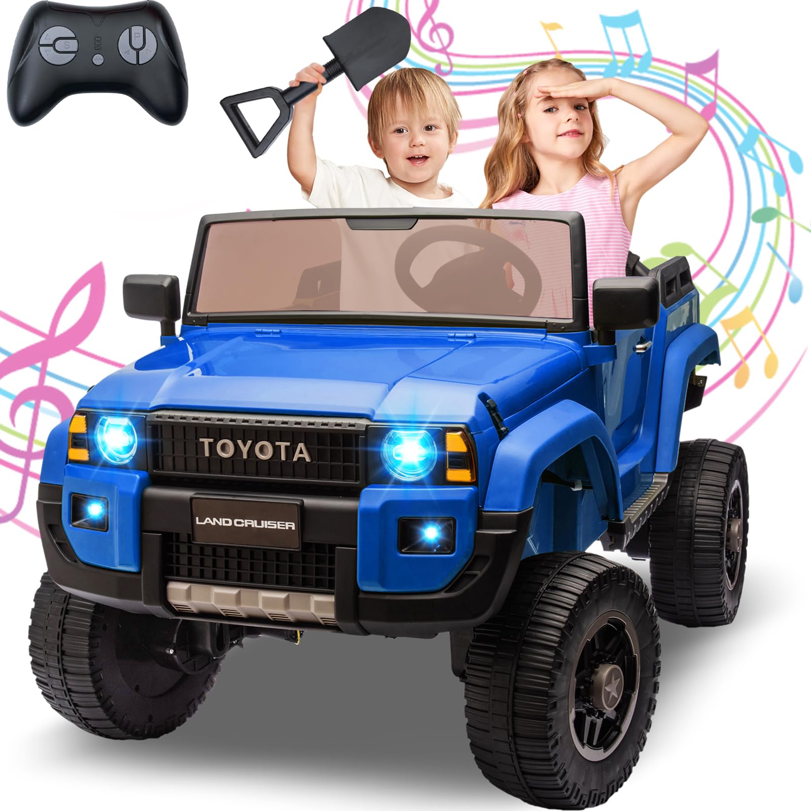 Garvee Ride P Series 24V 2 Seater Ride on Car, Garvee Licensed Toyota LC250 Ride on Toy for Big Kids with Remote Control, 4×100W Power 4 Wheels Ride on Truck with 4WD/2WD Switchable, Spring Suspension, Shovel, Music, Blue