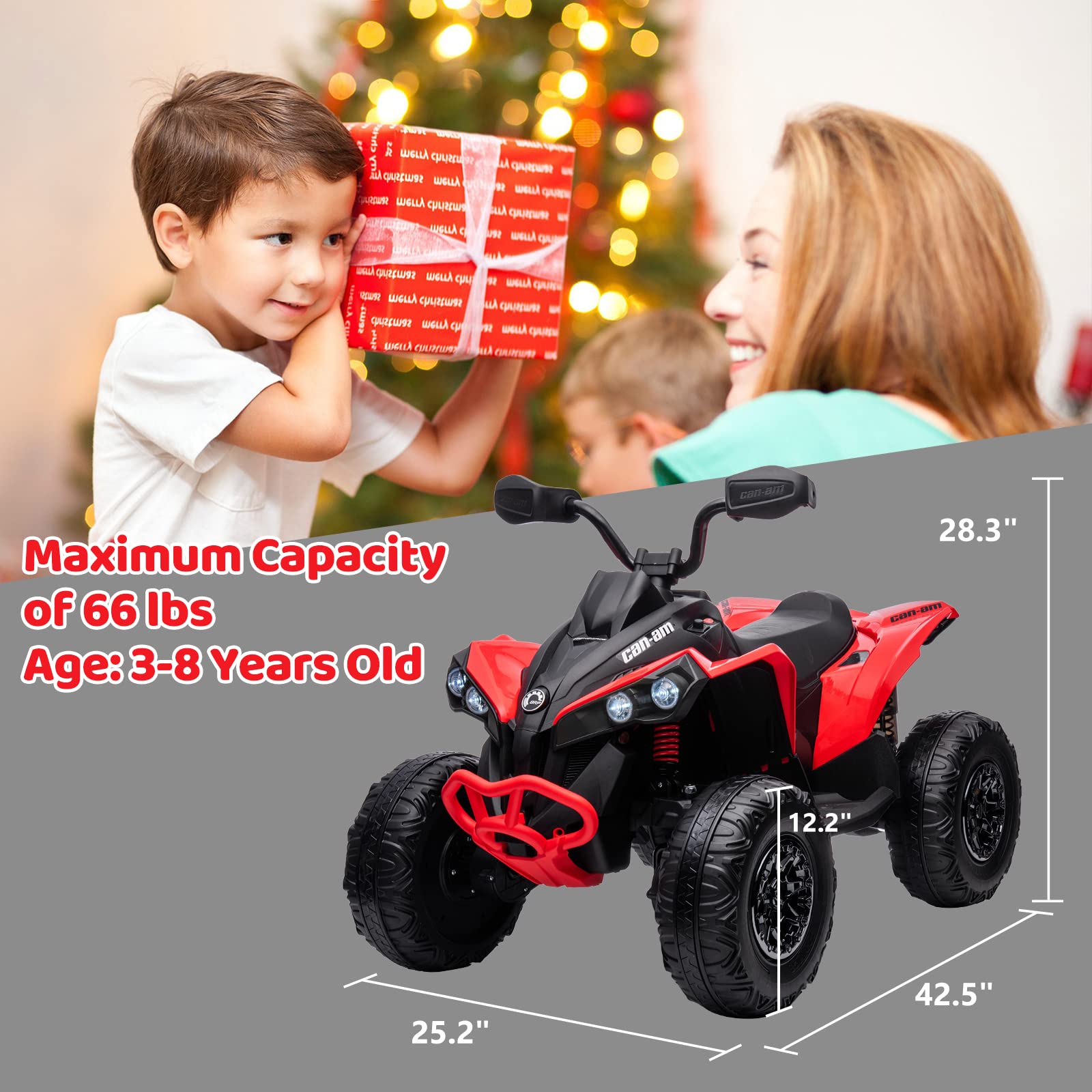 Garvee Ride - P Series: 12V Ride on Toy Car Bombardier Licensed BRP Can-am 4 Wheeler Quad Electric Vehicle, w/LED Lights, Spring Suspension, Bluetooth, Music, USB, Treaded Tires, White - Red