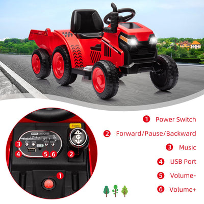 Garvee Ride - P Series: Kids Ride on Tractor with Trailer, Kids’ Electric Vehicles with Wear-Resistant Wheels, LED Headlights, Music & USB Port, Kids Ride on Car Toys for Toddlers Kids, Red