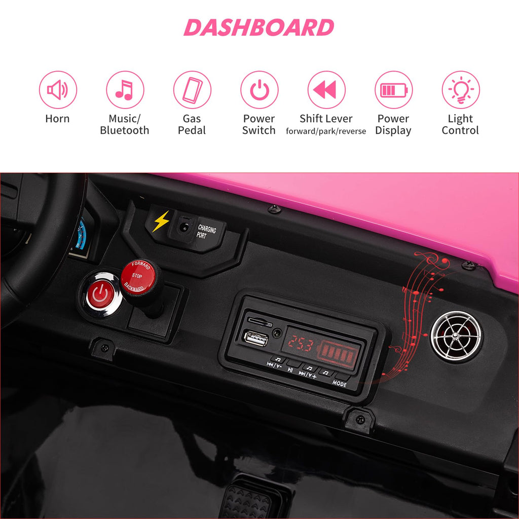 Garvee Ride - P Series: 24V 2-Seater Ride-On UTV: Remote Control, 4WD Motors, 21" Seats + Foldable Seat, 15.4" EVA Wheels, Music, LED Lights, 140lb Max Load - Pink