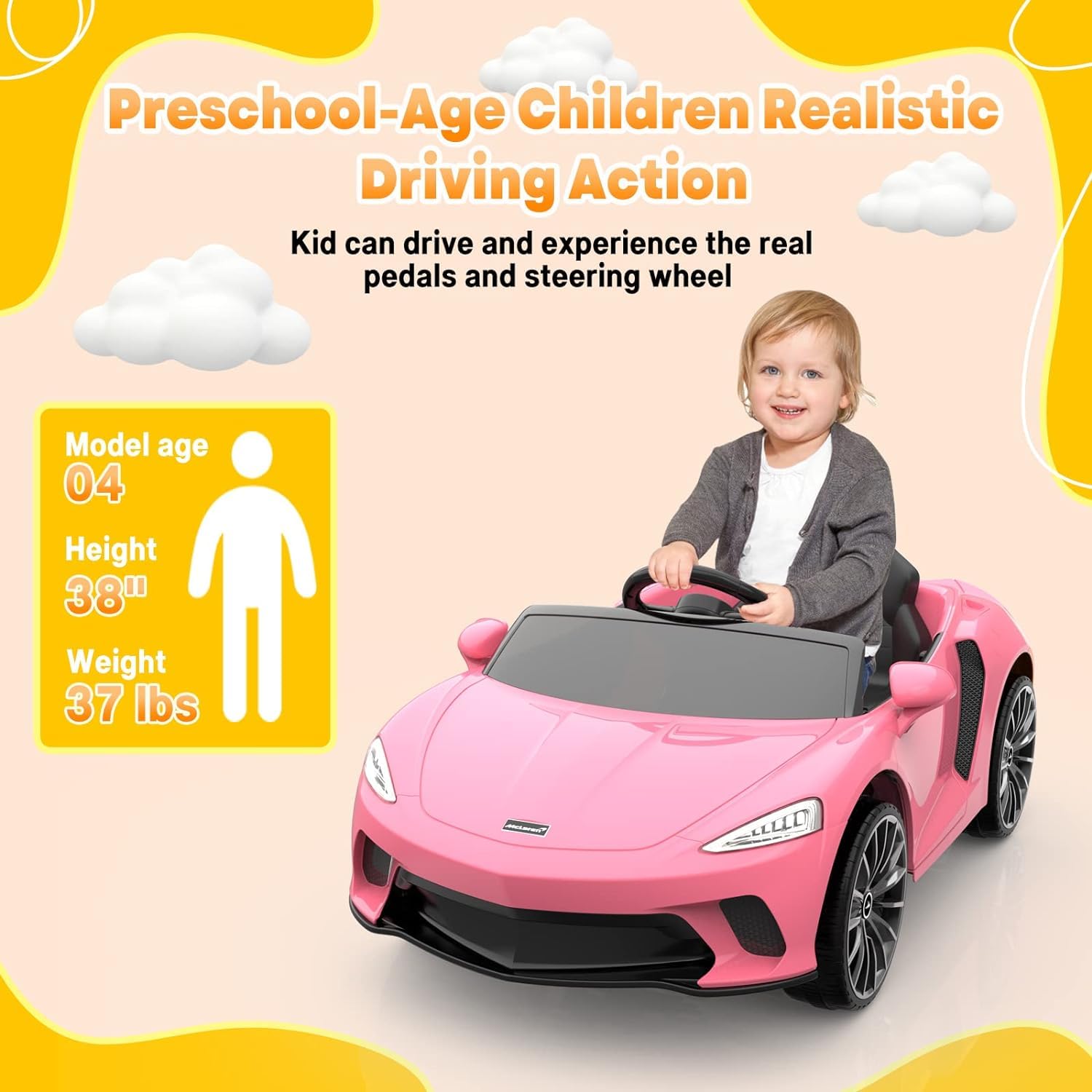 Garvee Ride - P Series: 12V Kids Ride on Car, Licensed Mclaren Battery Powered Electric Car with Remote Control, 3 Speeds, Bluetooth Music, Horn, LED Lights, 4-Wheel Ride on Toys - Pink