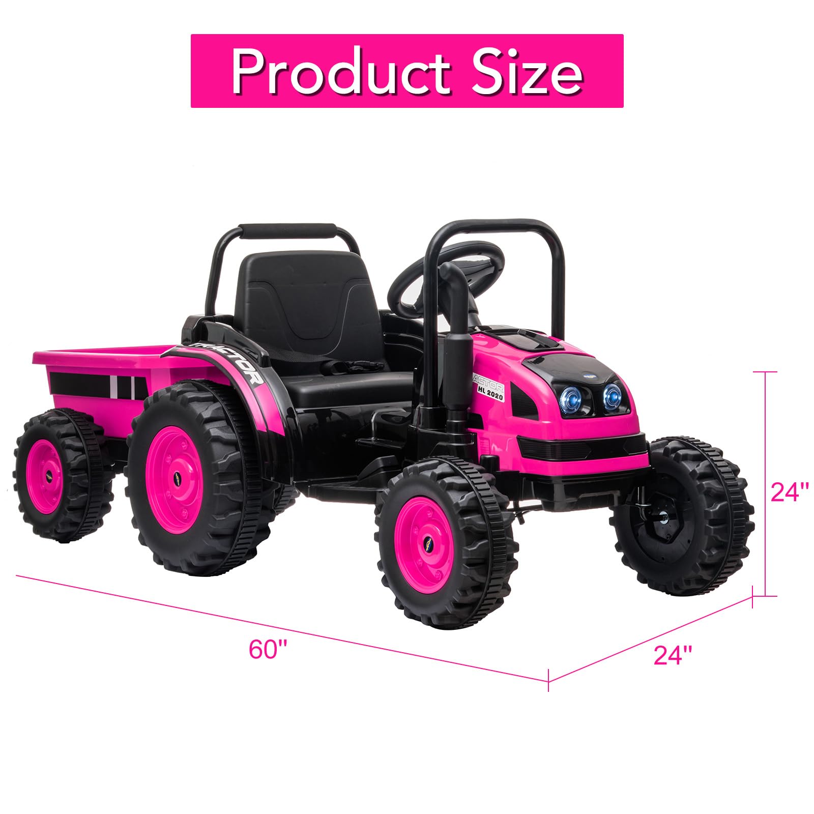 Garvee Ride - P Series: 12V Electric Ride-On Tractor for Kids with Trailer, Remote Control, Music, LED Lights, and Rear Wheel Suspension - Battery Powered Toy Vehicle - Pink