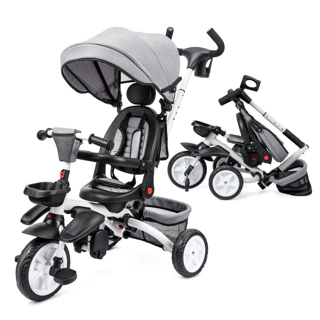 Garvee 7-in-1 Baby Tricycle, Folding Toddler Trike, Adjustable Push Handle, Rotatable Seat, Safety Harness, All-Terrain Wheels, For 1-5 Year Olds (Gray)