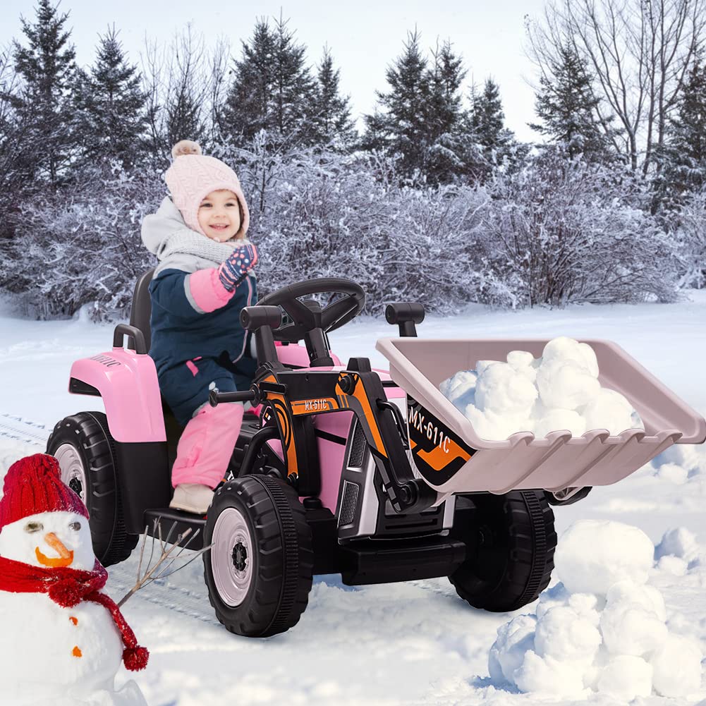 Garvee 12V Kids Ride on Car,Excavator with Bucket & Remote Control,Toddler Battery Powered Electric Vehicle,2+1 Gear Shift,3 Speeds,Bluetooth,7-LED Headlights,Music,Thread Tire,Pink
