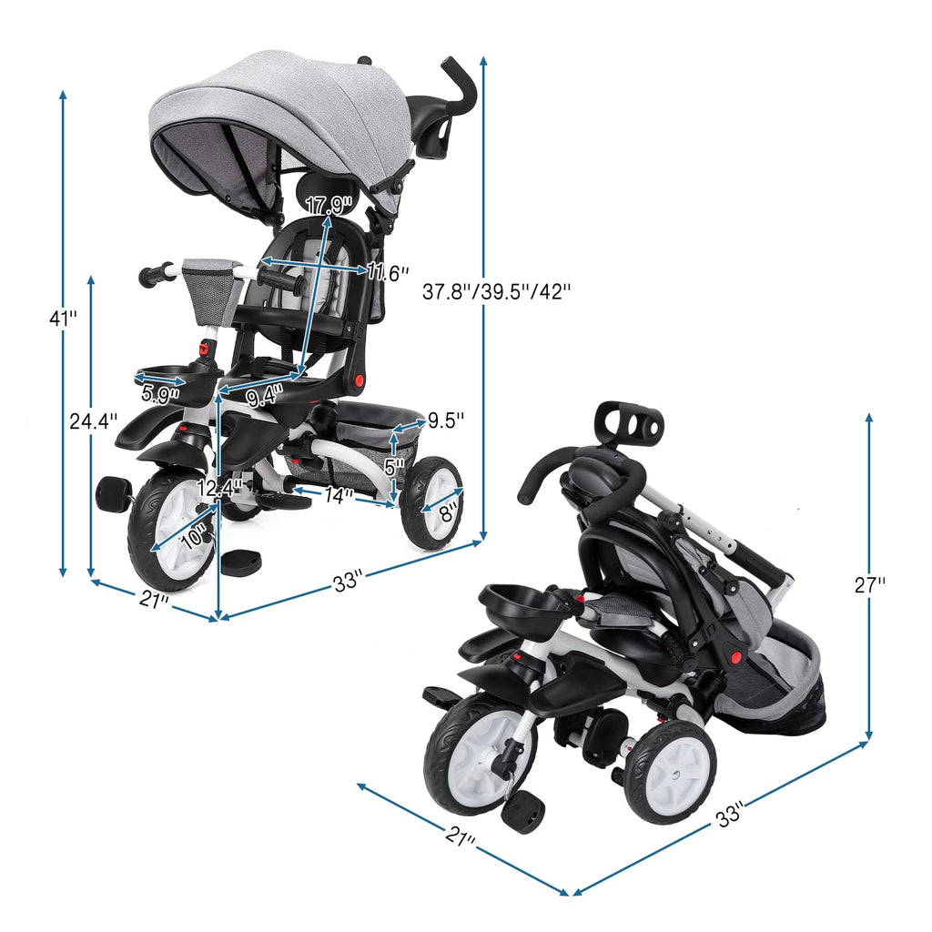 Garvee 7-in-1 Baby Tricycle, Folding Toddler Trike, Adjustable Push Handle, Rotatable Seat, Safety Harness, All-Terrain Wheels, For 1-5 Year Olds (Gray)