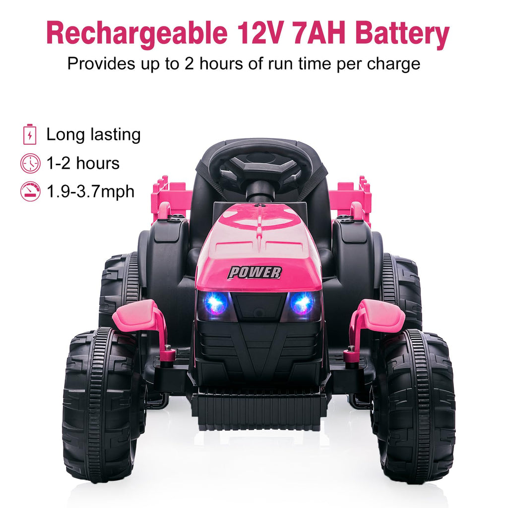 Garvee Ride - P Series: 12V Kids Ride On Tractor with Trailer, LED Lights for Boy Girl - Pink