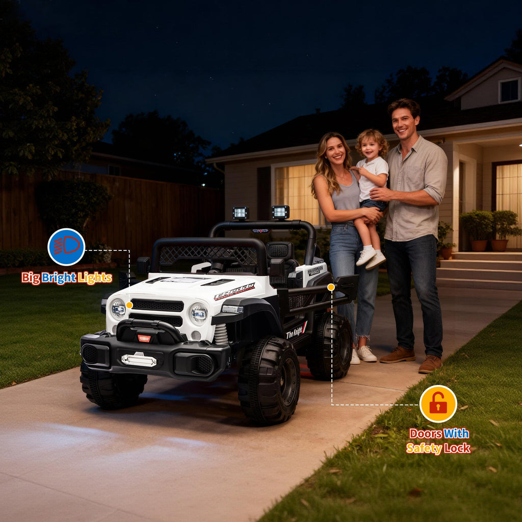 Garvee 12V Kids Electric Ride-On Truck – Dual Motors, 3 Speeds, Remote Control, Spring Suspension, LED Lights, Music, Safety Belt, Storage – Battery Powered Car Toy for Boys & Girls Ages 2-8, White