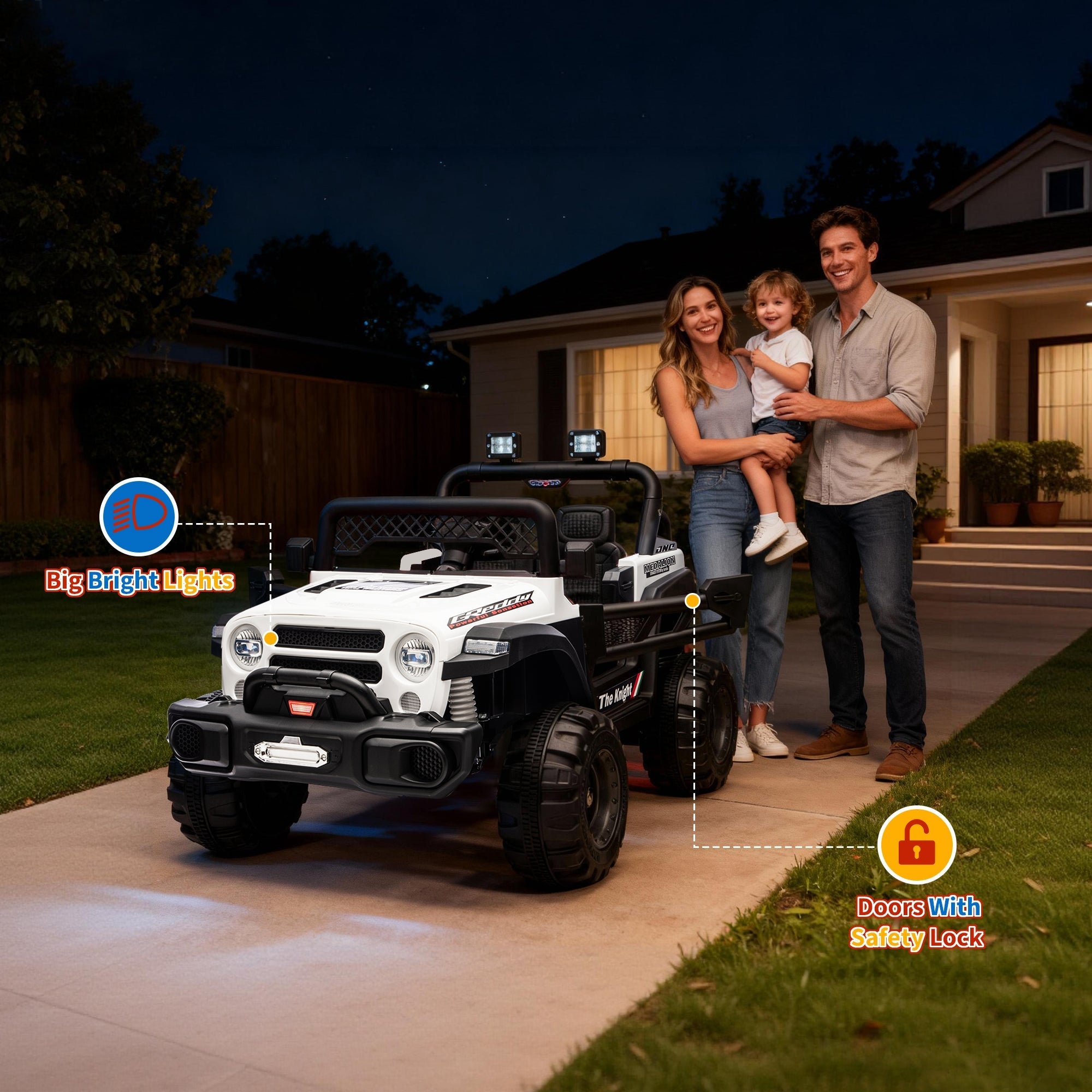 Garvee 12V Kids Electric Ride-On Truck – Dual Motors, 3 Speeds, Remote Control, Spring Suspension, LED Lights, Music, Safety Belt, Storage – Battery Powered Car Toy for Boys & Girls Ages 2-8, White