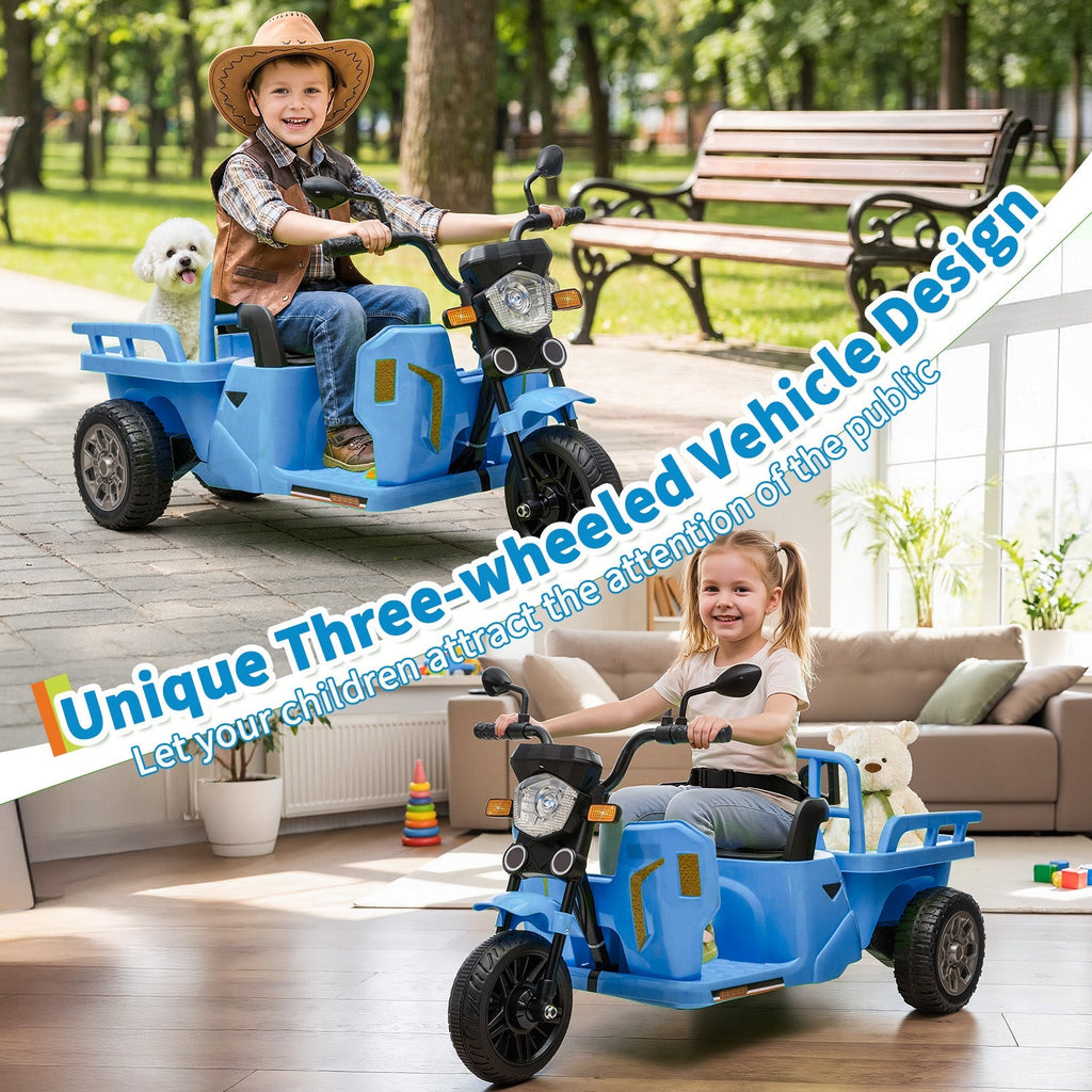 Garvee Ride P Series 3-Wheels Electric Tricycle w/Trailer, 12V Battery Powered Kids Motorcycle with Sand Shovel, 2x55W Motors, Bluetooth, Music, Headlight, Ride on Motorcycle for Kids Toddlers, Gift for Boys Girls, Light Blue